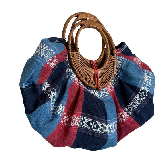 Womens‎ Red, White, & Blue Fabric Hand Bag With Rattan Boho Handle - Picture 2 of 6